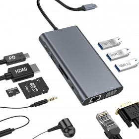 Hub Multipuerto Tipo C 10 en 1, HDMI 4K, Red RJ45  VGA,  3 USB 2.0 , para Macbook , Dell, Hp, Lenovo, entre otros. Hub Multipuerto Tipo C 10 en 1, HDMI 4K, Red RJ45  VGA,  3 USB 2.0 , para Macbook , Dell, Hp, Lenovo, entre otros.